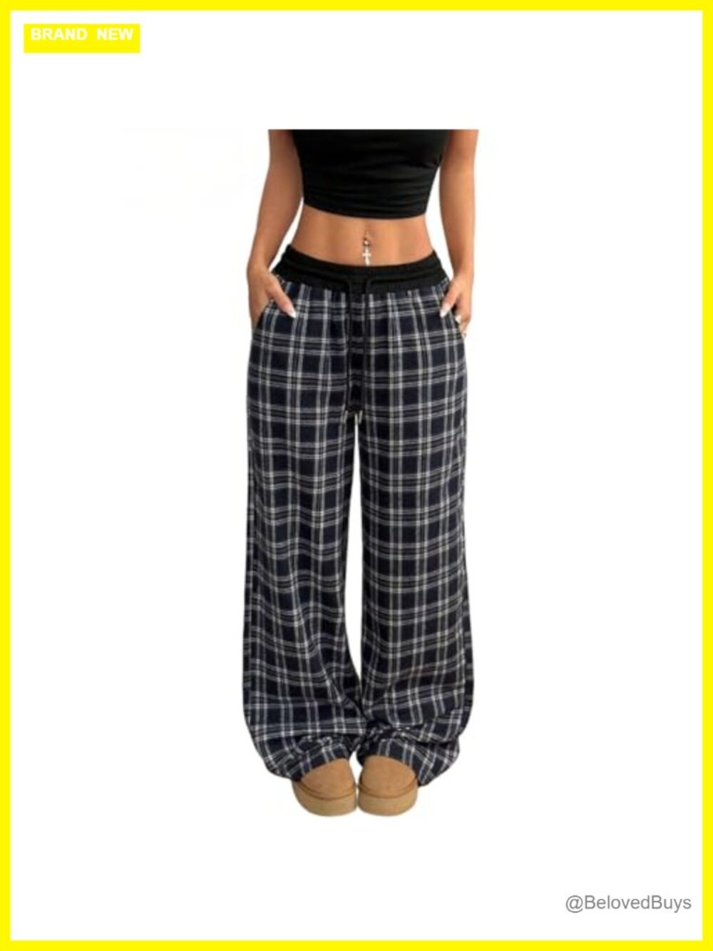 Wide Leg Plaid Palazzo Pants Drawstring High Waist Lounge Trousers with Pocket